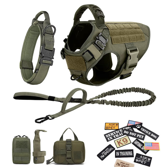 Military Nylon Dog Harness Vest With Leash Patches Training Set