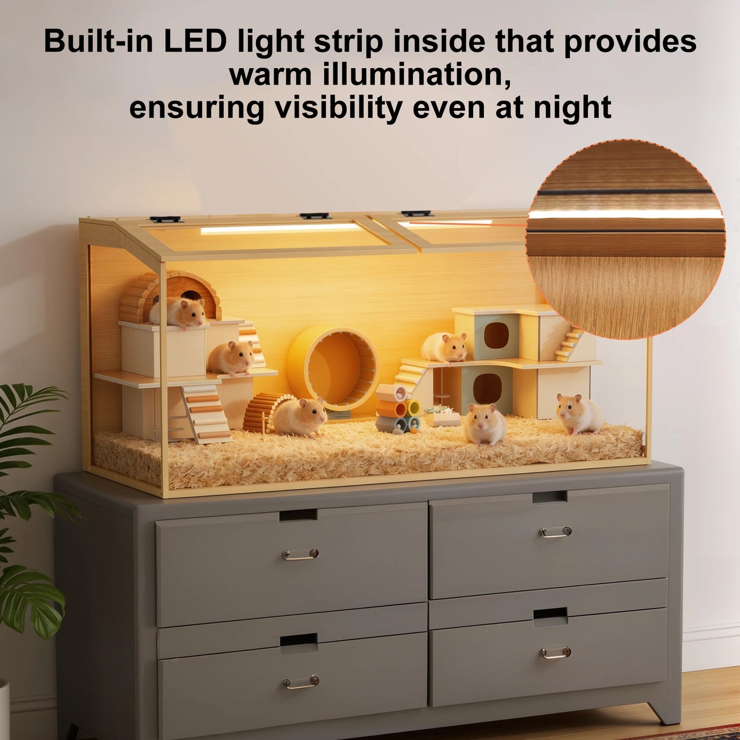 Bingopaw Large Wooden Hamster Cage With LED Light