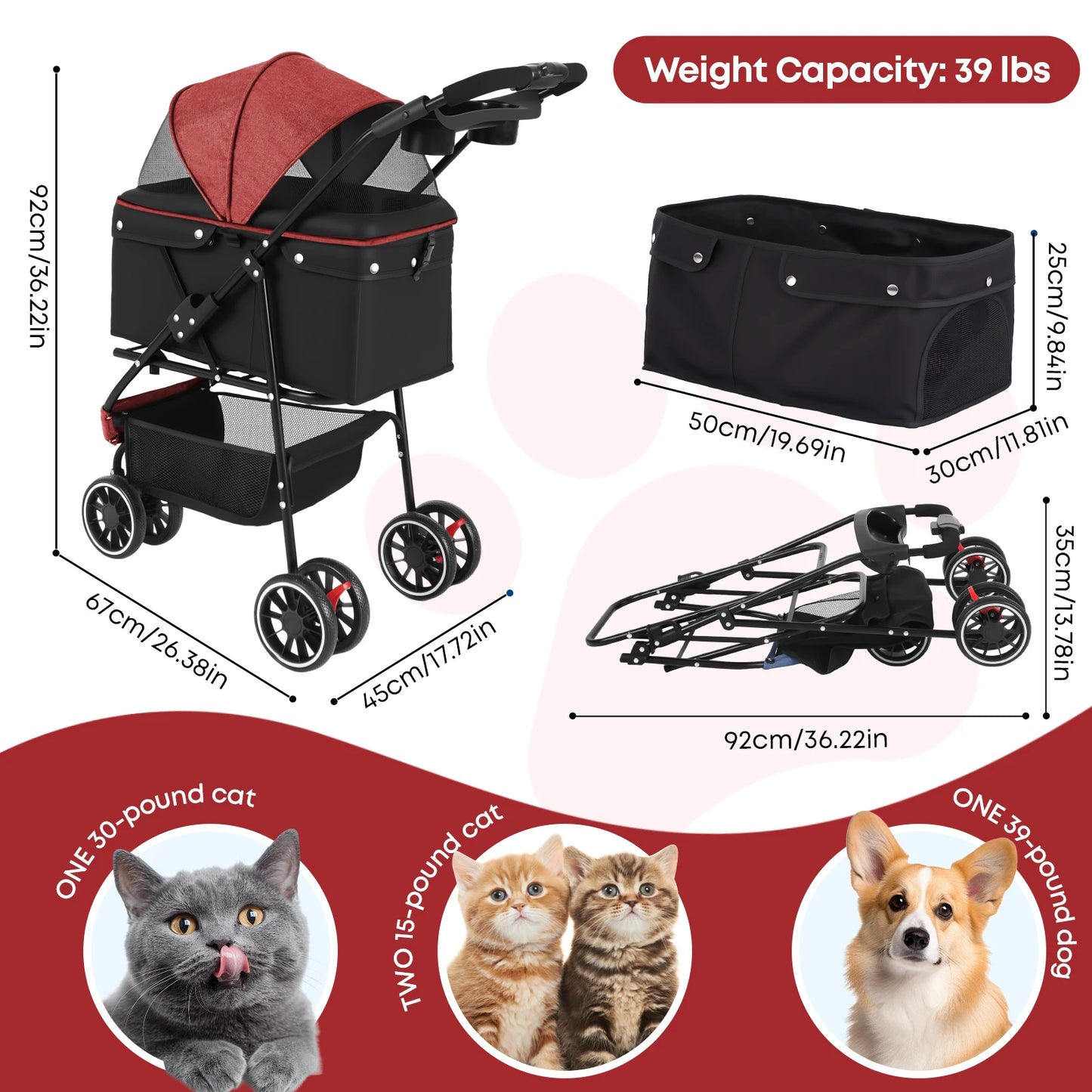 CHIHUAHUA Pet Stroller For Cats And Dogs 3 Wheel Foldable Mesh Canopy