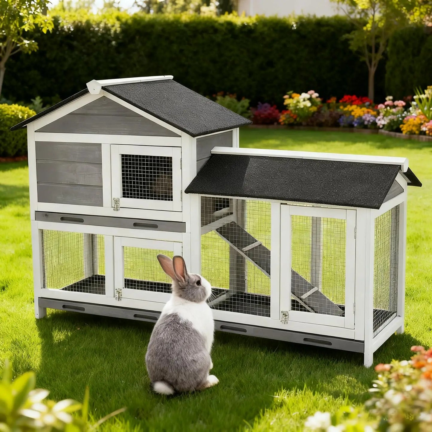 58 Inch Wooden Roof Indoor Outdoor Two Tier Rabbit Hutch