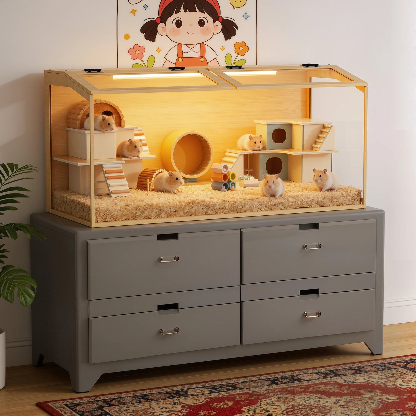 Bingopaw Large Wooden Hamster Cage With LED Light