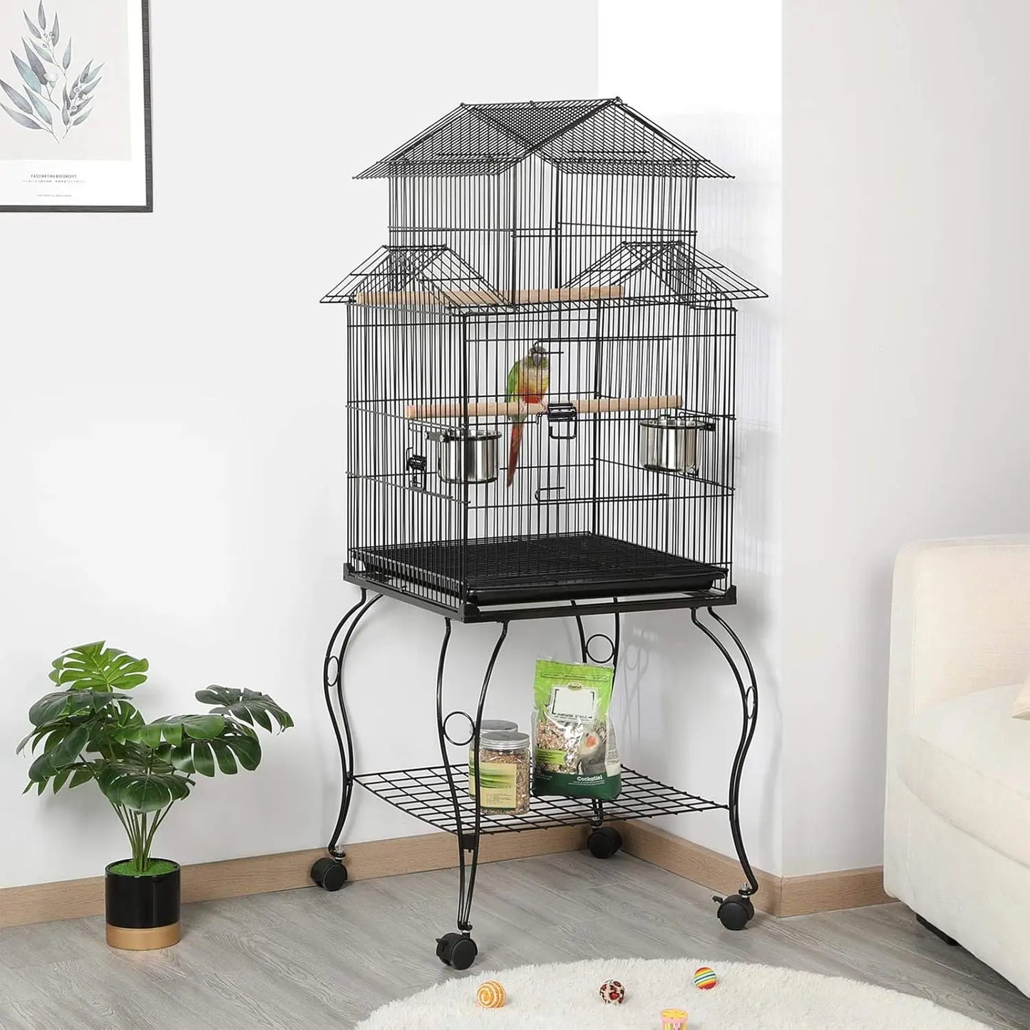Rolling Parrot Cage With Detachable Stand For Budgie