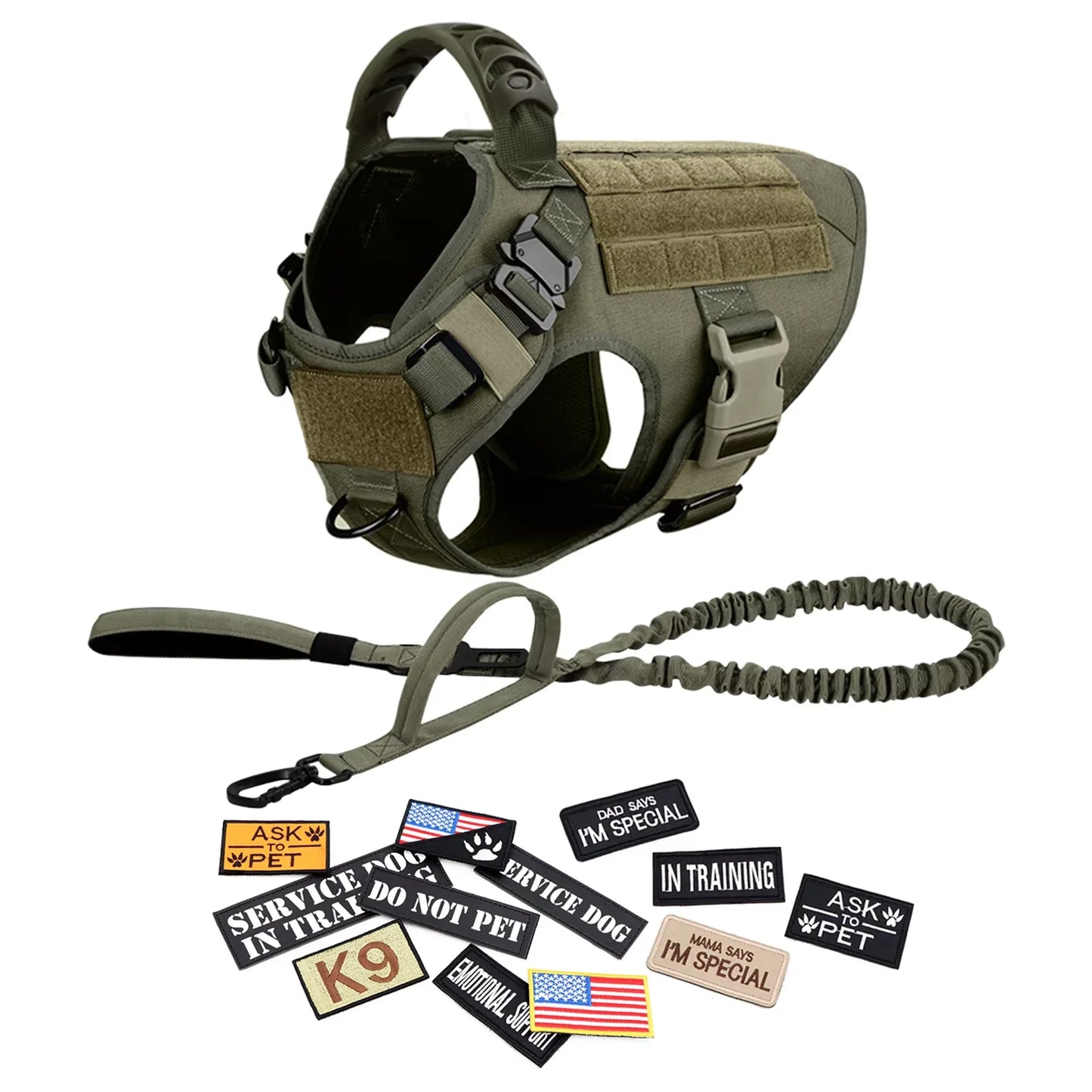 Military Nylon Dog Harness Vest With Leash Patches Training Set