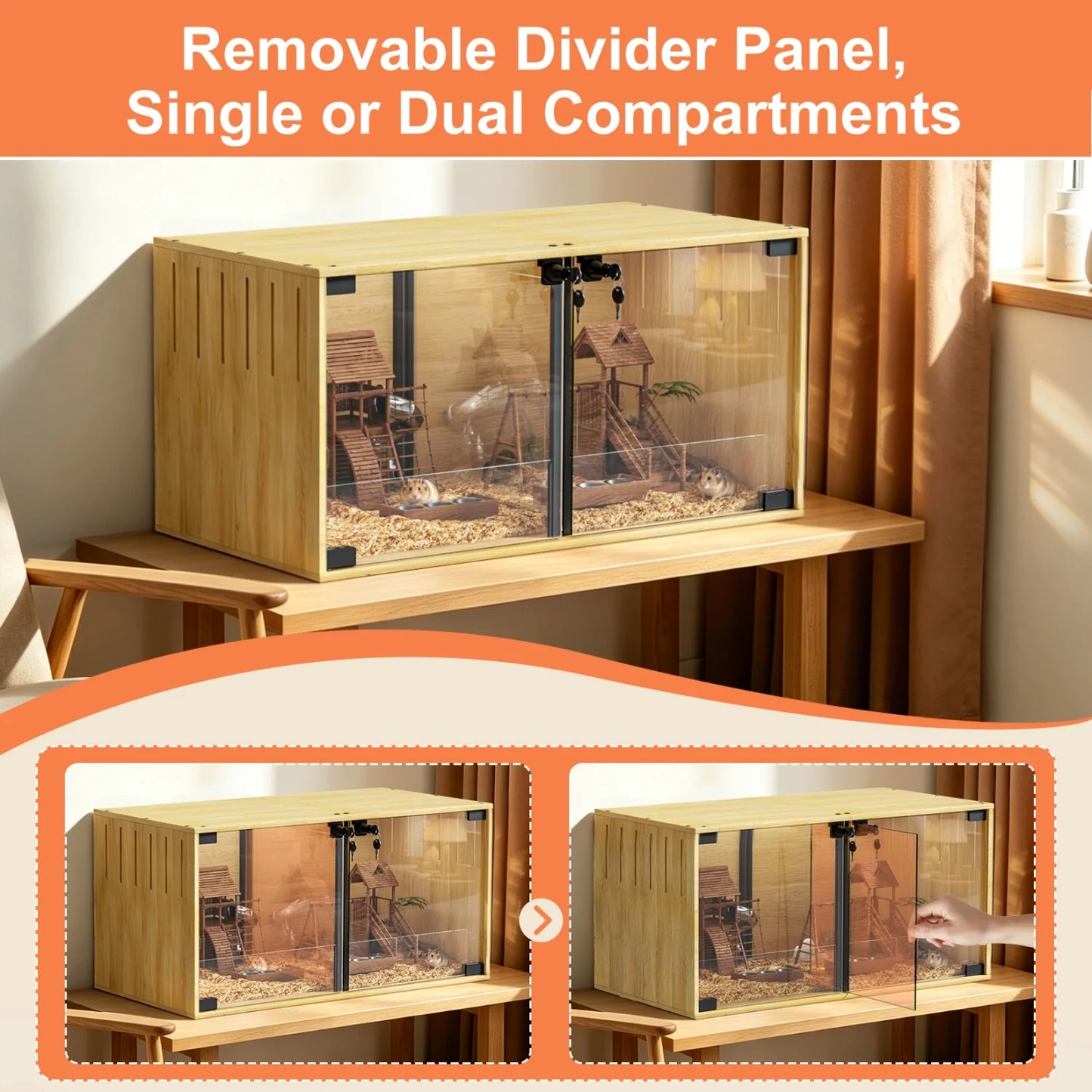 Wooden Small Animal Cage With Tempered Glass Panels