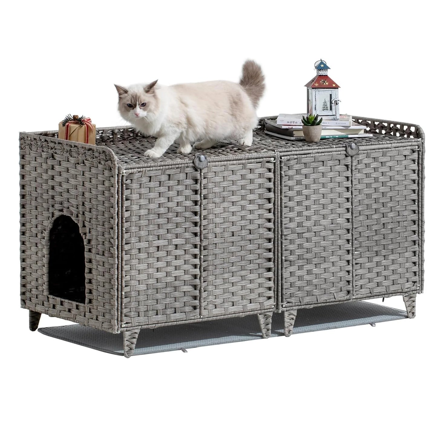 DishyKooker Cat Villa Litter Box Enclosure Rattan For 2 Cats