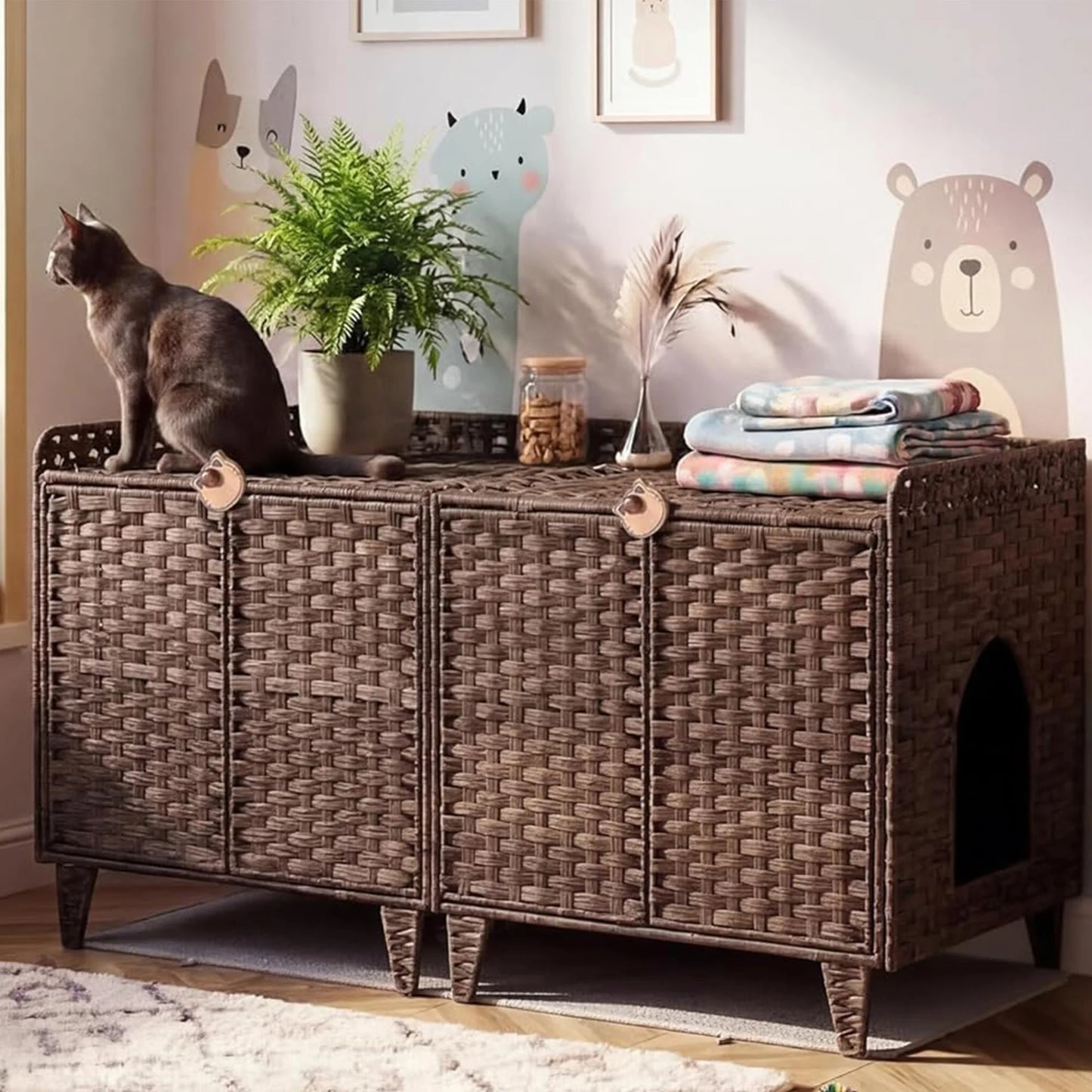 DishyKooker Cat Villa Litter Box Enclosure Rattan For 2 Cats