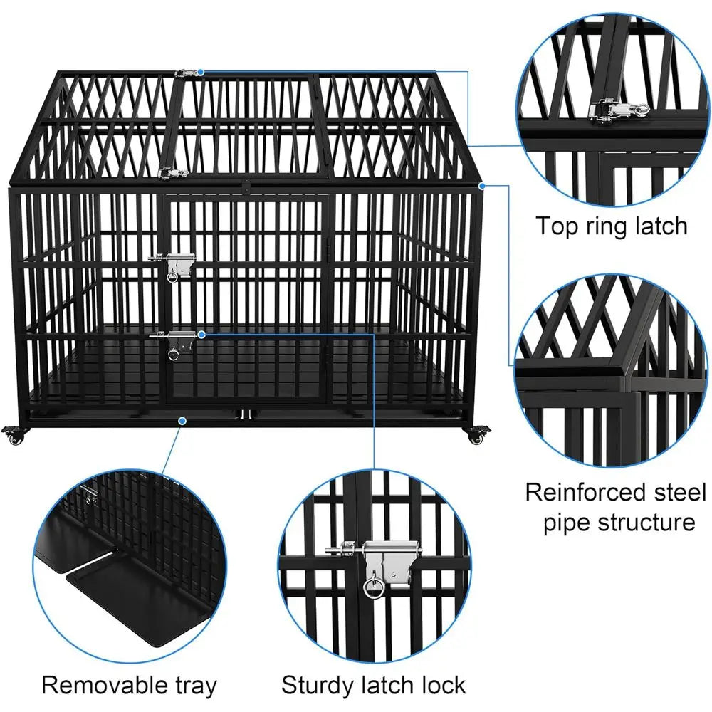Heavy Duty Metal Dog Crate Roo Top Lockable Wheels Kennel