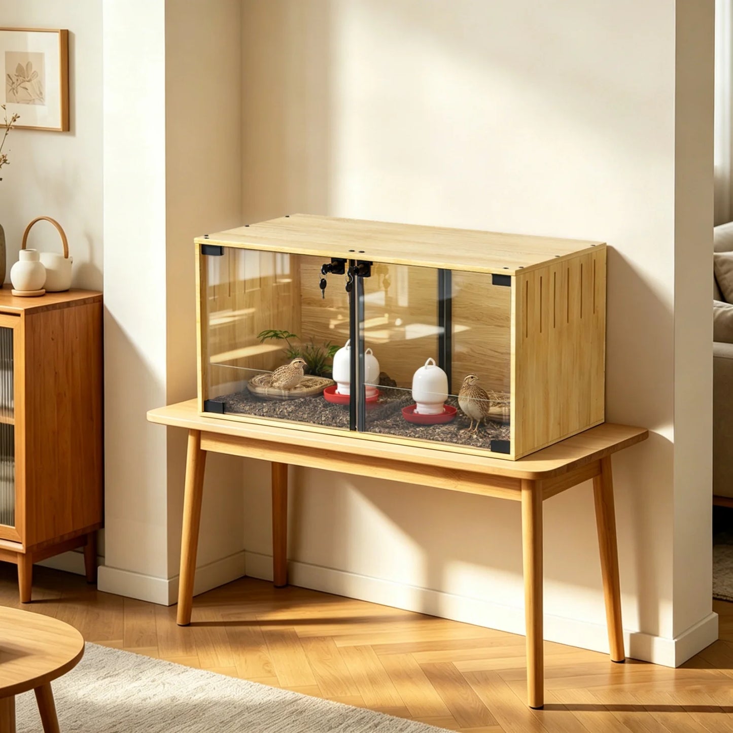Wooden Small Animal Cage With Tempered Glass Panels