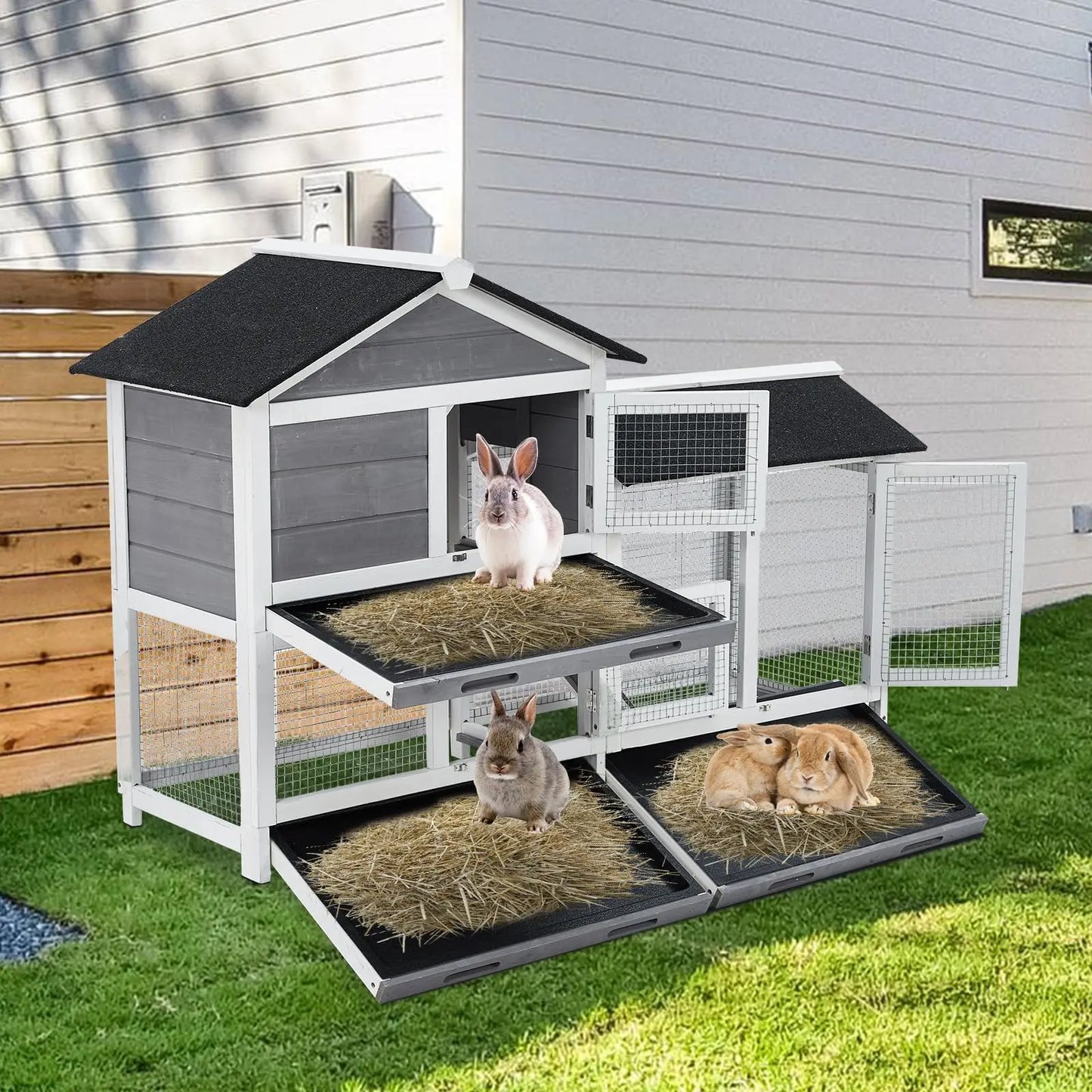 58 Inch Wooden Roof Indoor Outdoor Two Tier Rabbit Hutch