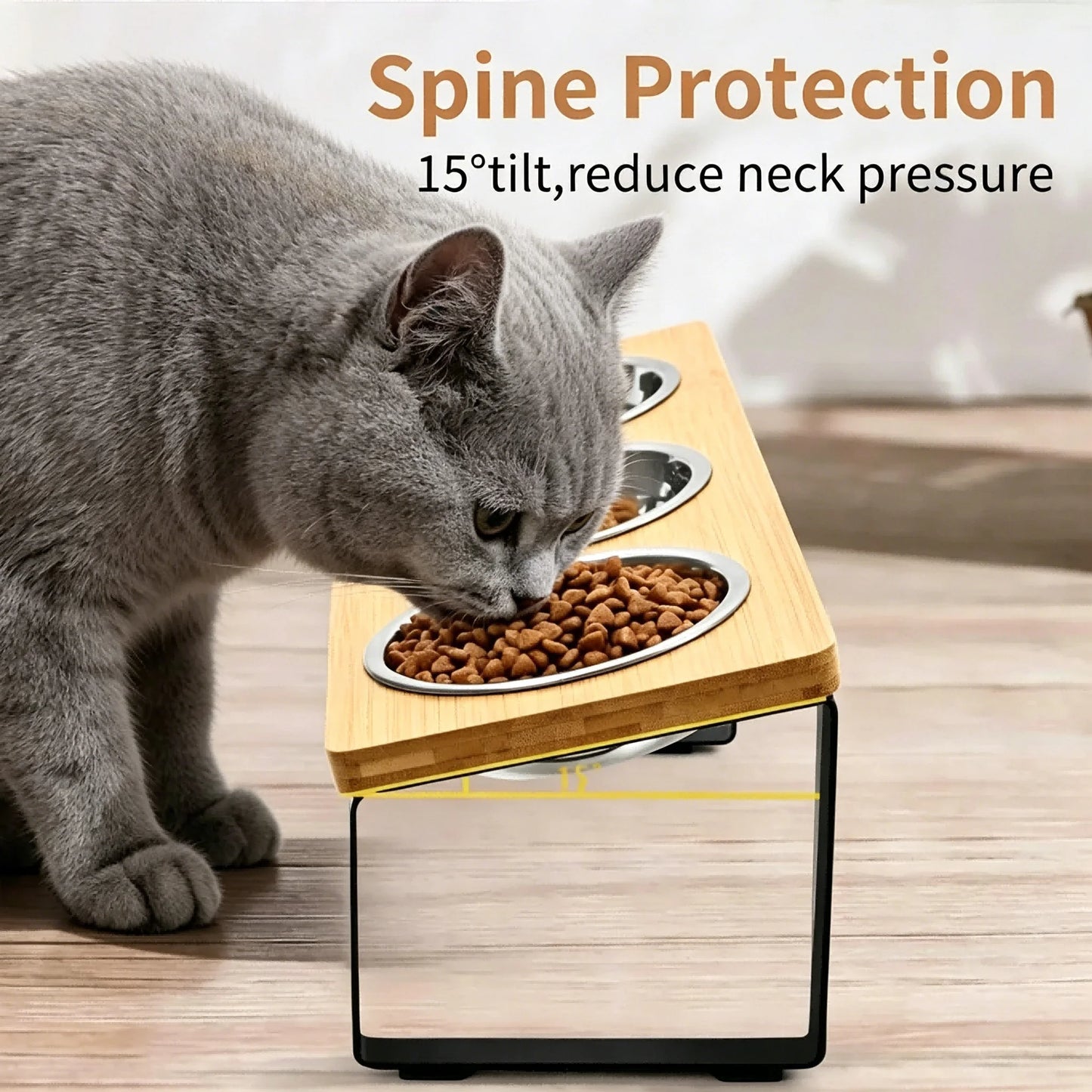 15 Degree Tilt Elevated Bamboo Stainless Steel Cat Feeder
