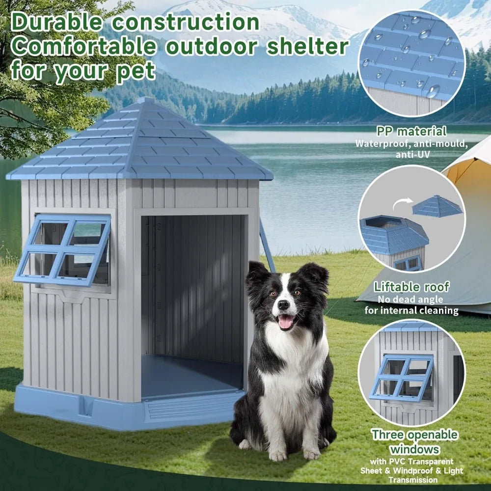 Durable Indoor Outdoor Dog House Kennel With Window Raised Floor