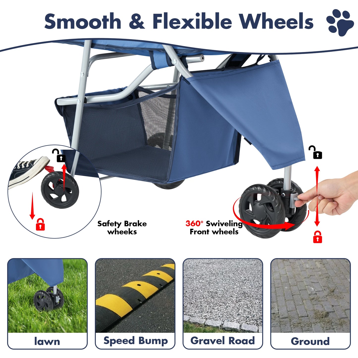 Foldable 3 Wheel Pet Stroller With Mesh Windows Storage Basket