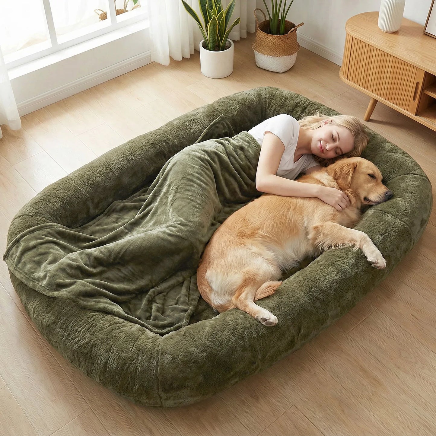 Washable Plush Faux Fur Dog Bed With Soft Blanket Cozy