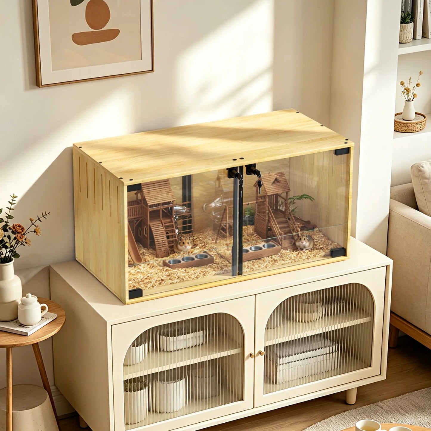 Wooden Small Animal Cage With Tempered Glass Panels