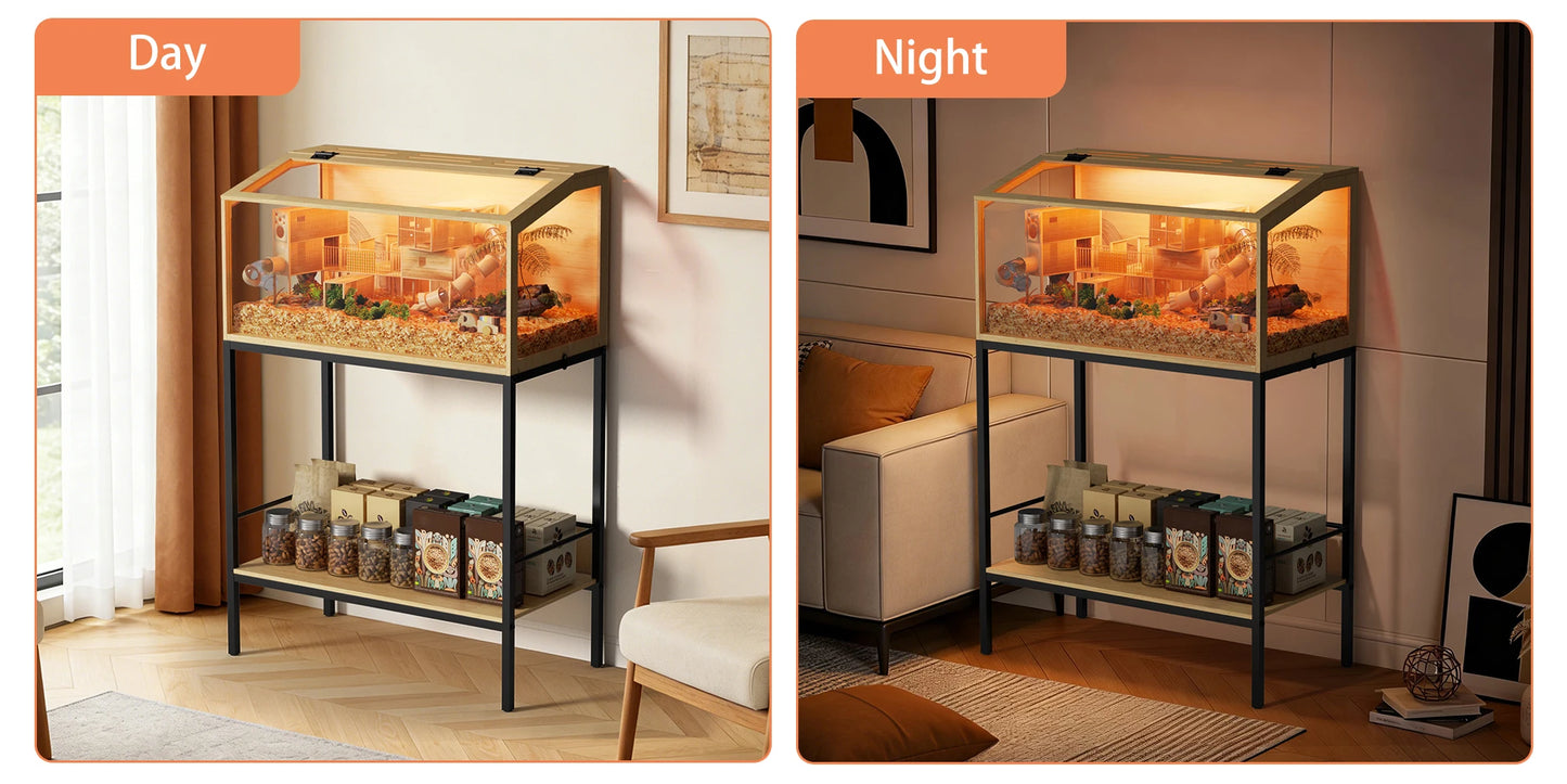 Wooden Hamster Cage With Tempered Glass Top And Led Lighting