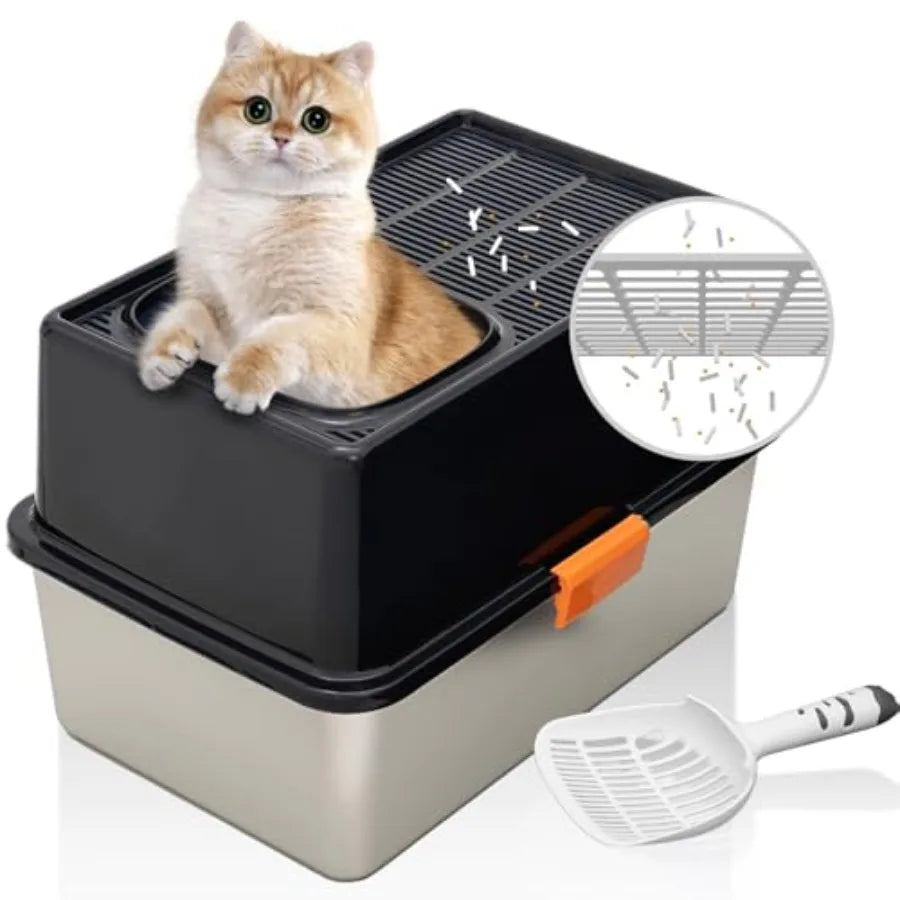 Plastic Top Entry Cat Litter Box With Lid Hinged Cover