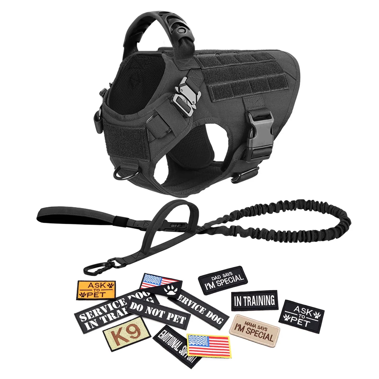 Military Nylon Dog Harness Vest With Leash Patches Training Set