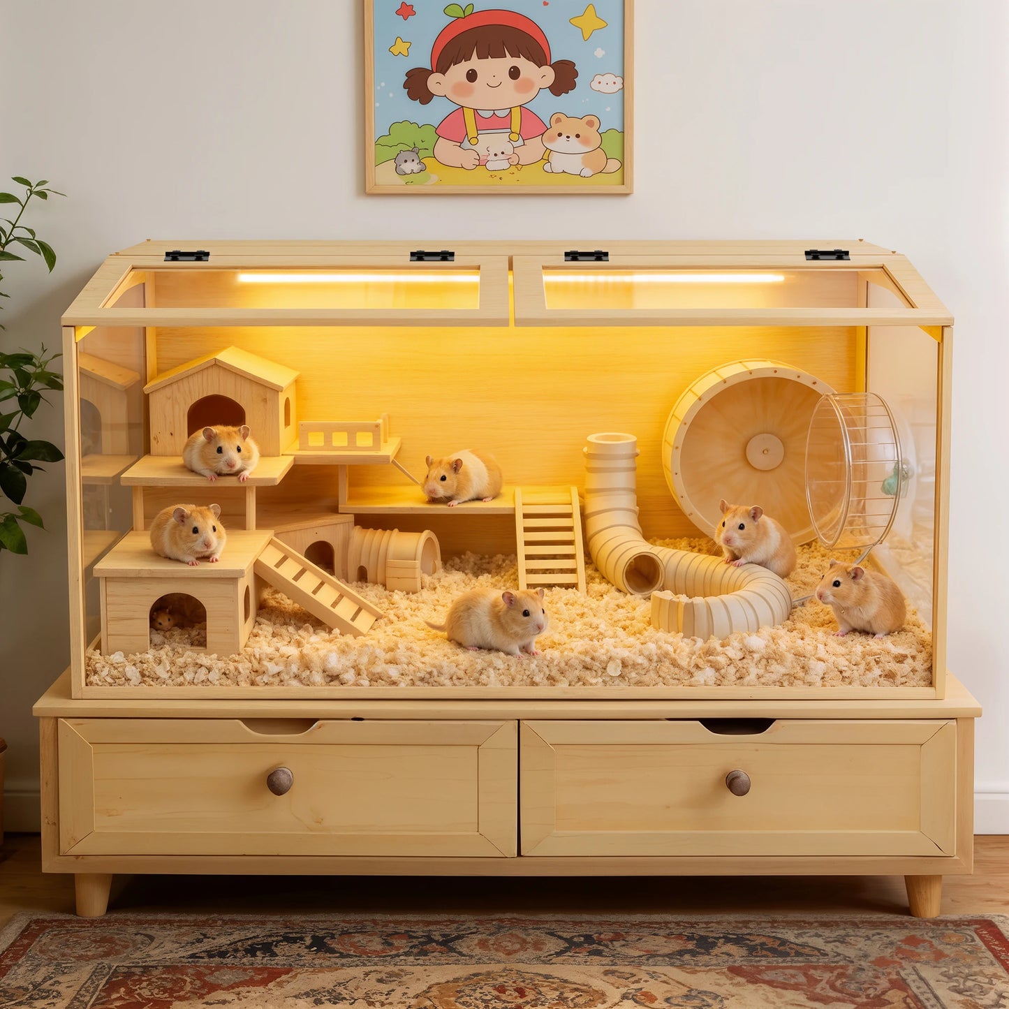 Bingopaw Large Wooden Hamster Cage With LED Light