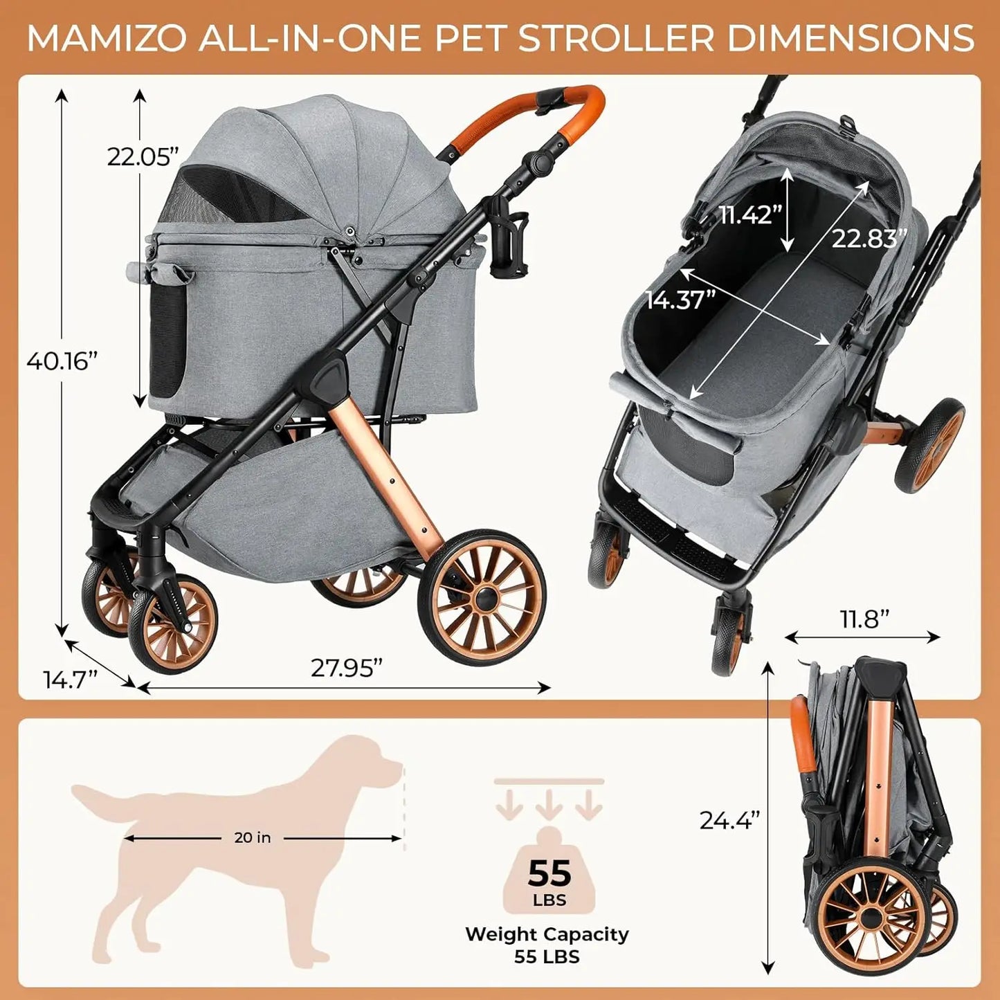 Foldable Pet Stroller All Terrain Travel Carrier With Shock Absorbers