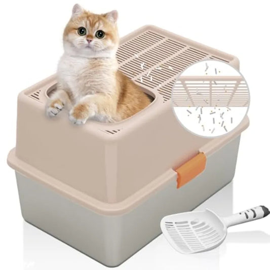 Plastic Top Entry Cat Litter Box With Lid Hinged Cover