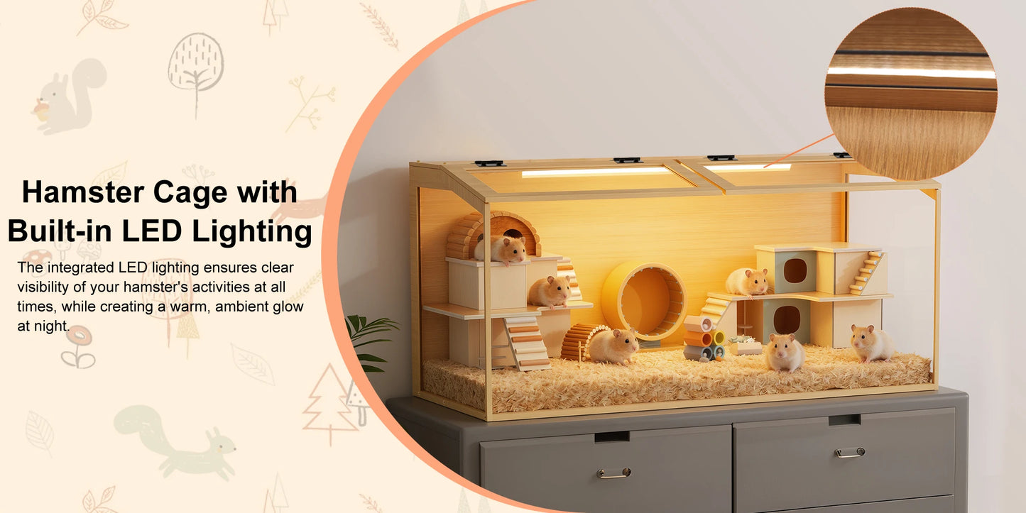 Bingopaw Large Wooden Hamster Cage With LED Light