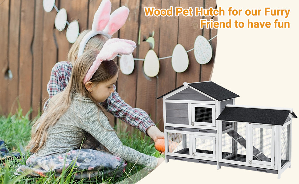 58 Inch Wooden Roof Indoor Outdoor Two Tier Rabbit Hutch