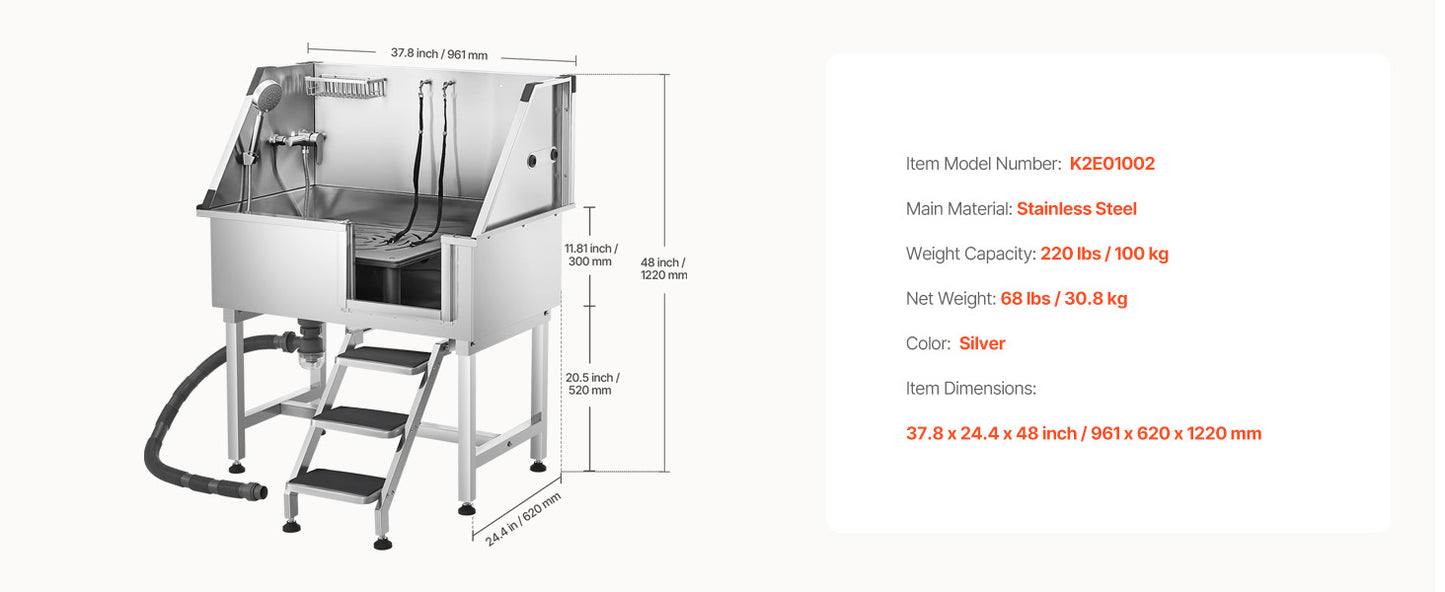 Stainless Steel Dog Washing Station Grooming Tub With Storage Stairs