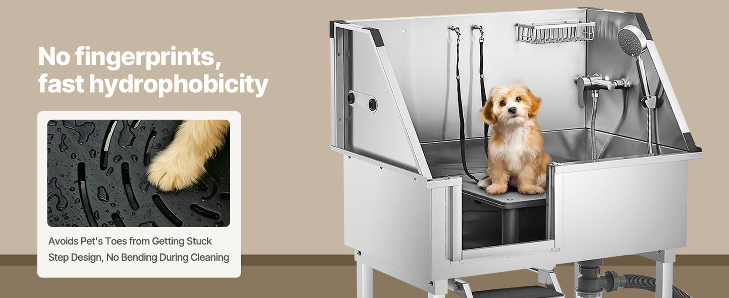 Stainless Steel Dog Washing Station Grooming Tub With Storage Stairs