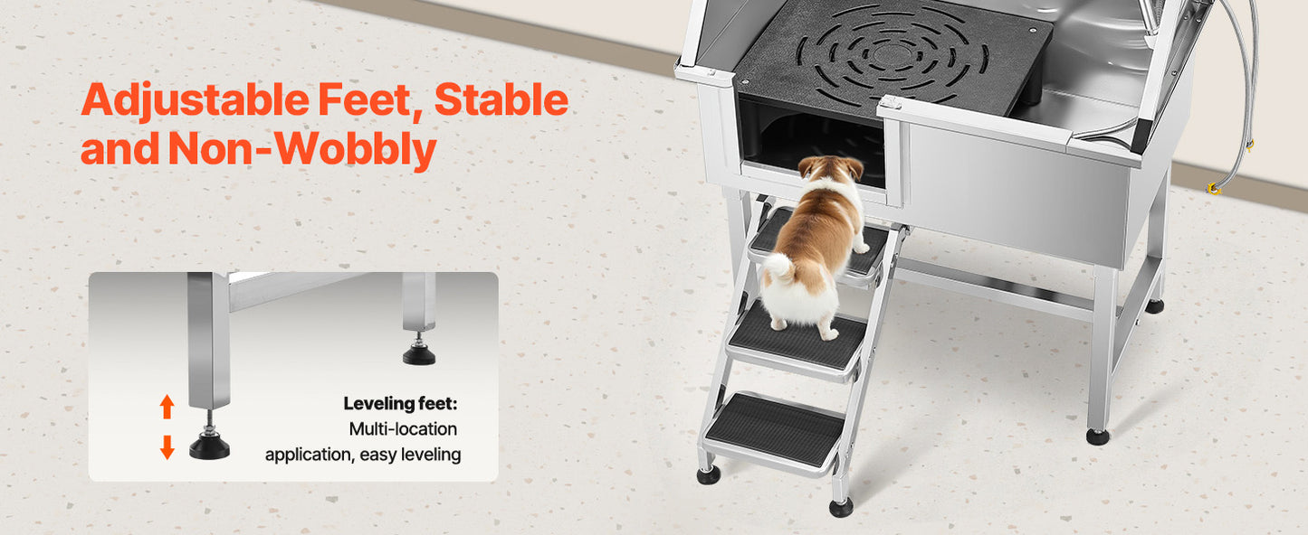Stainless Steel Dog Washing Station Grooming Tub With Storage Stairs