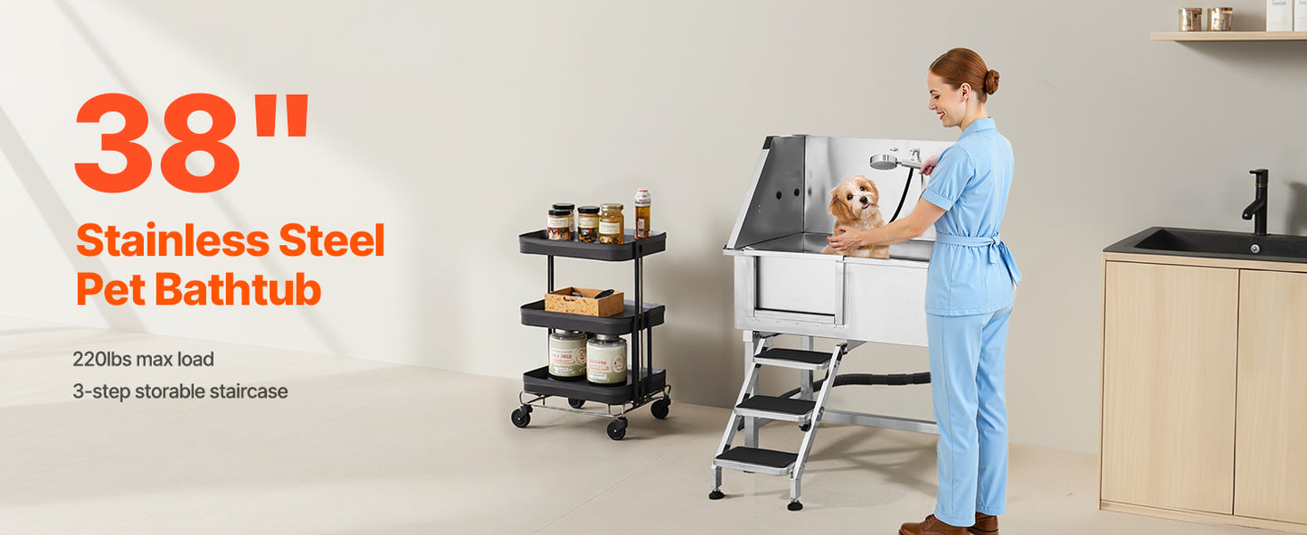Stainless Steel Dog Washing Station Grooming Tub With Storage Stairs
